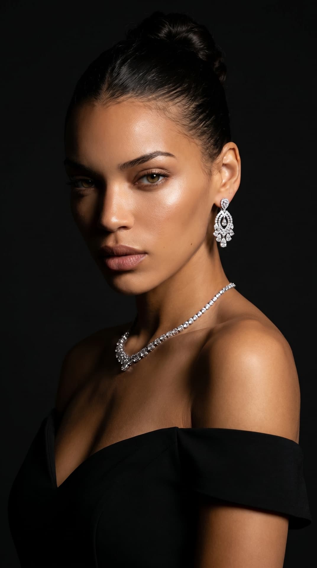 Kayda Bosse in fine jewellery and black off-shoulder gown