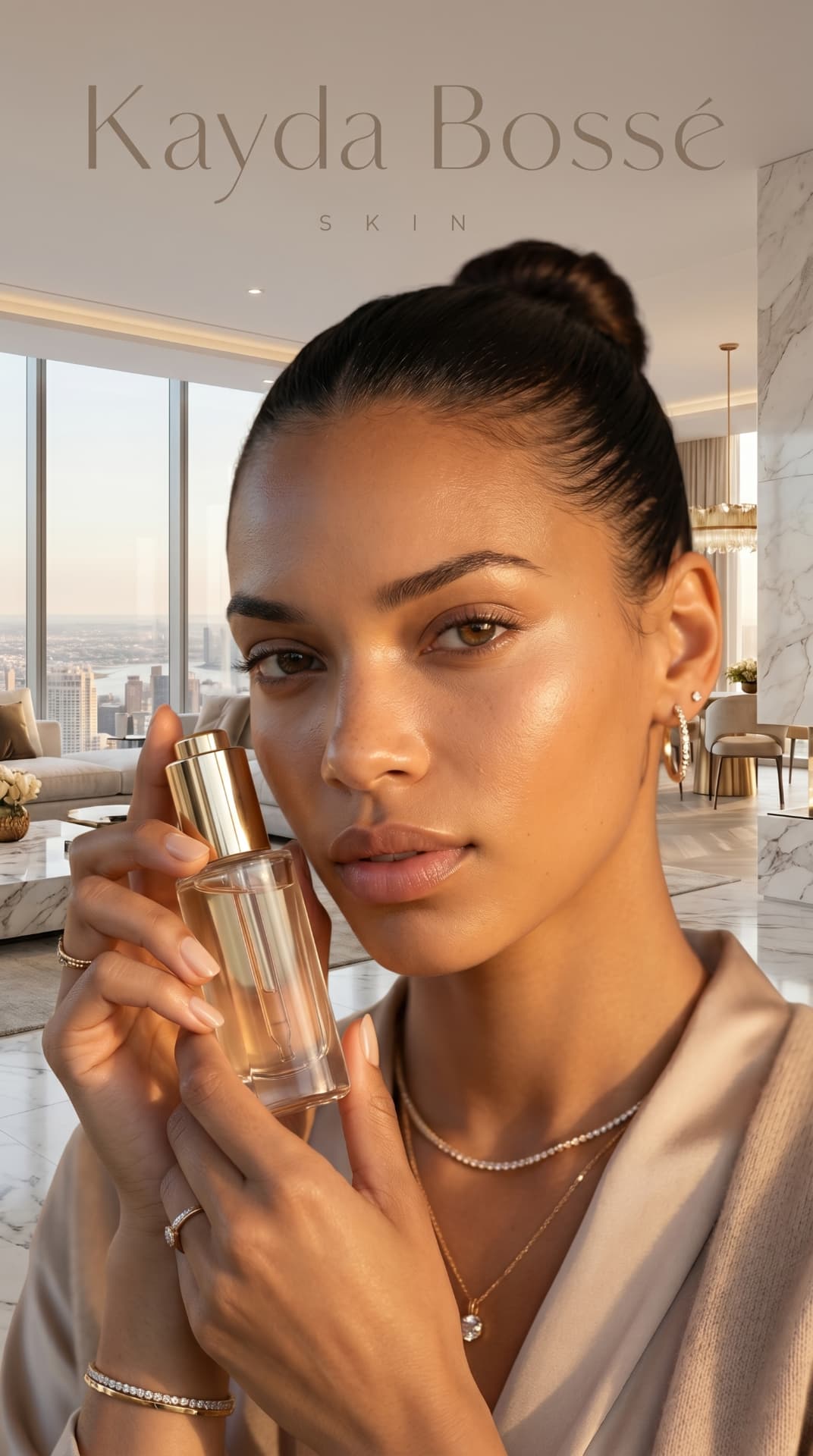 Kayda Bosse holding the Kayda Bossé Skin serum in a penthouse
